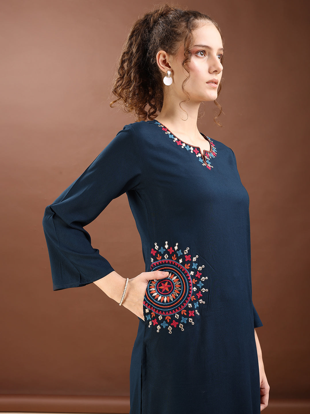 Teal Blue Colored Placement Embroidered Rayon A-Line Kurta With Trousers Co-ords Set